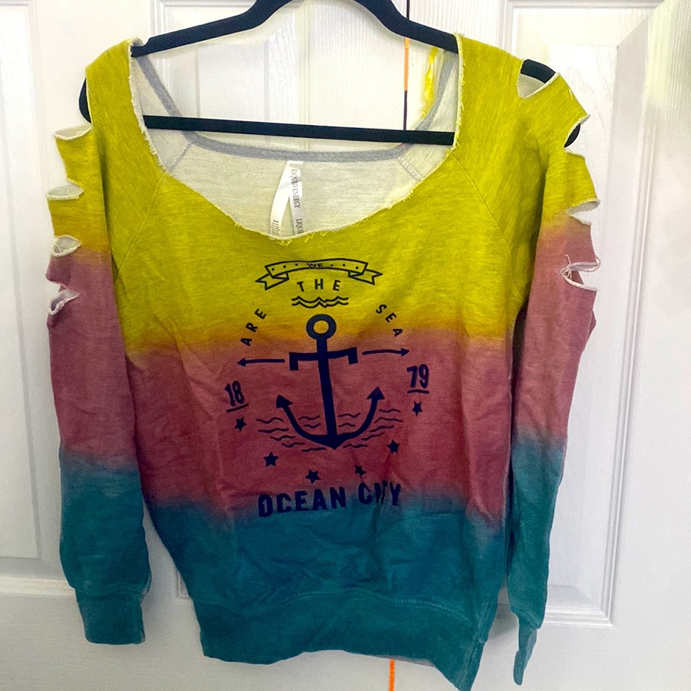 Cool tye dye off the shoulder cut up sweatshirt - Ocean City